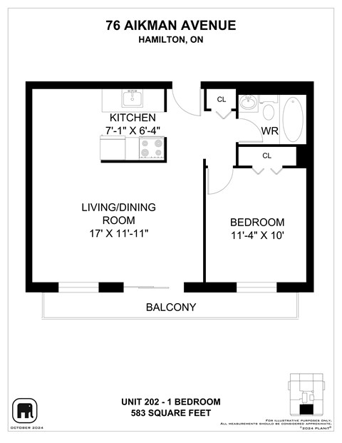 Floor plan for 1 bed, 1 bath, 670 sqft